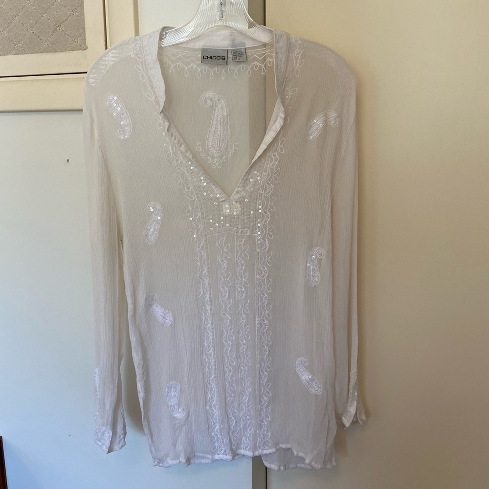 Chico's Beautiful Sequin and Embroidered Silk Blouse - 100% Silk